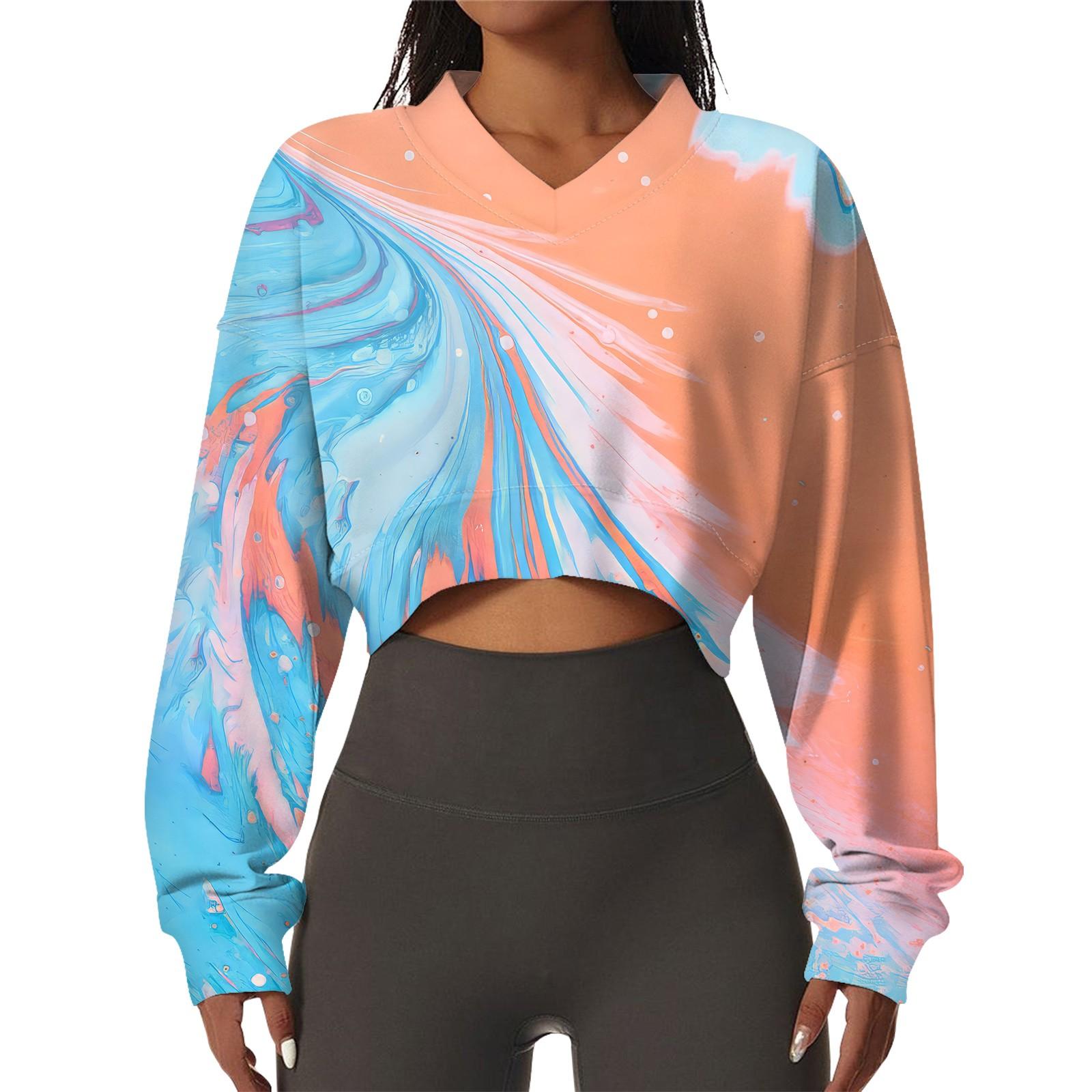 

Женская повседневная модная сексуальная удобная спортивная толстовка с V-образным вырезом и длинным рукавом с принтом в стиле тай-дай XL