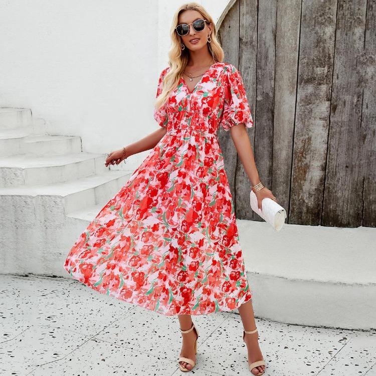 Women Summer Floral Dresses Fashion High Waist Wrapped V Neck Short Sleeve