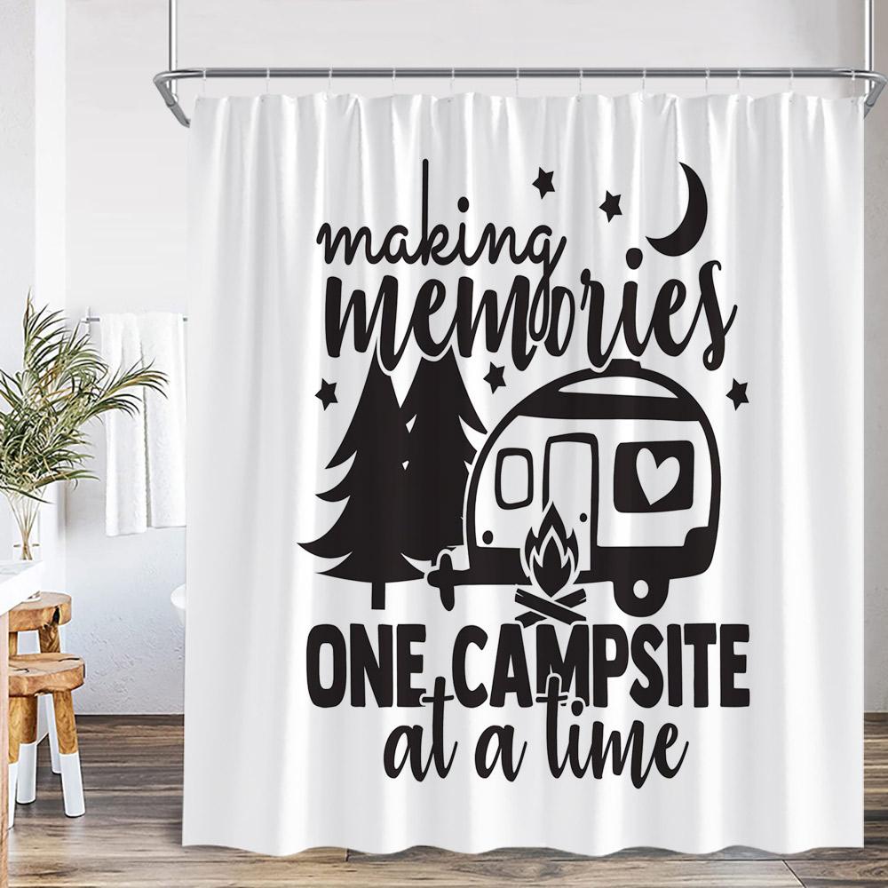 Camper Shower Curtain Happy Camping Adventure Campsite Forest Vintage Bathroom Decor Polyester Retro Bathtub Curtain With Hook