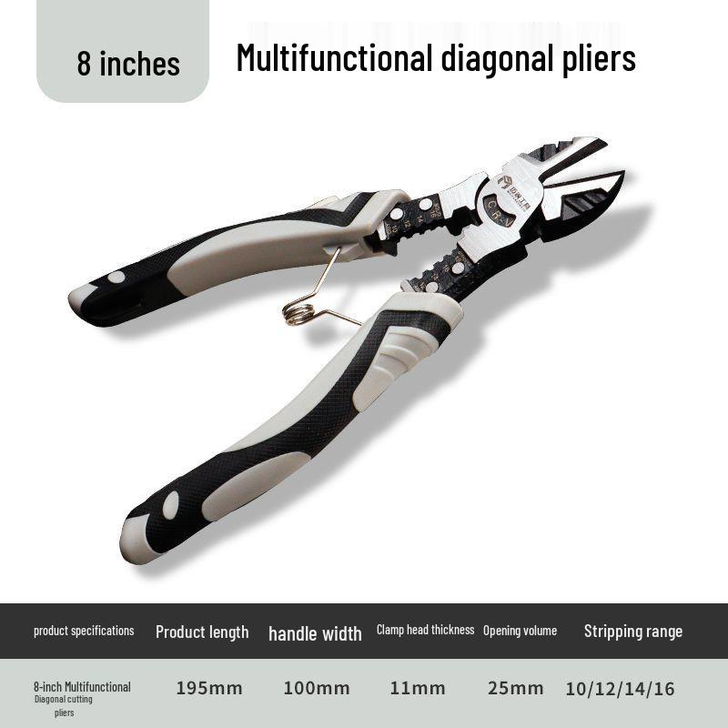 Multifunctional Labor-saving Diagonal Cutting Pliers with Spring Return, available in 6 inch & 8 inch sizes for Electricians and Wire Stripping.
