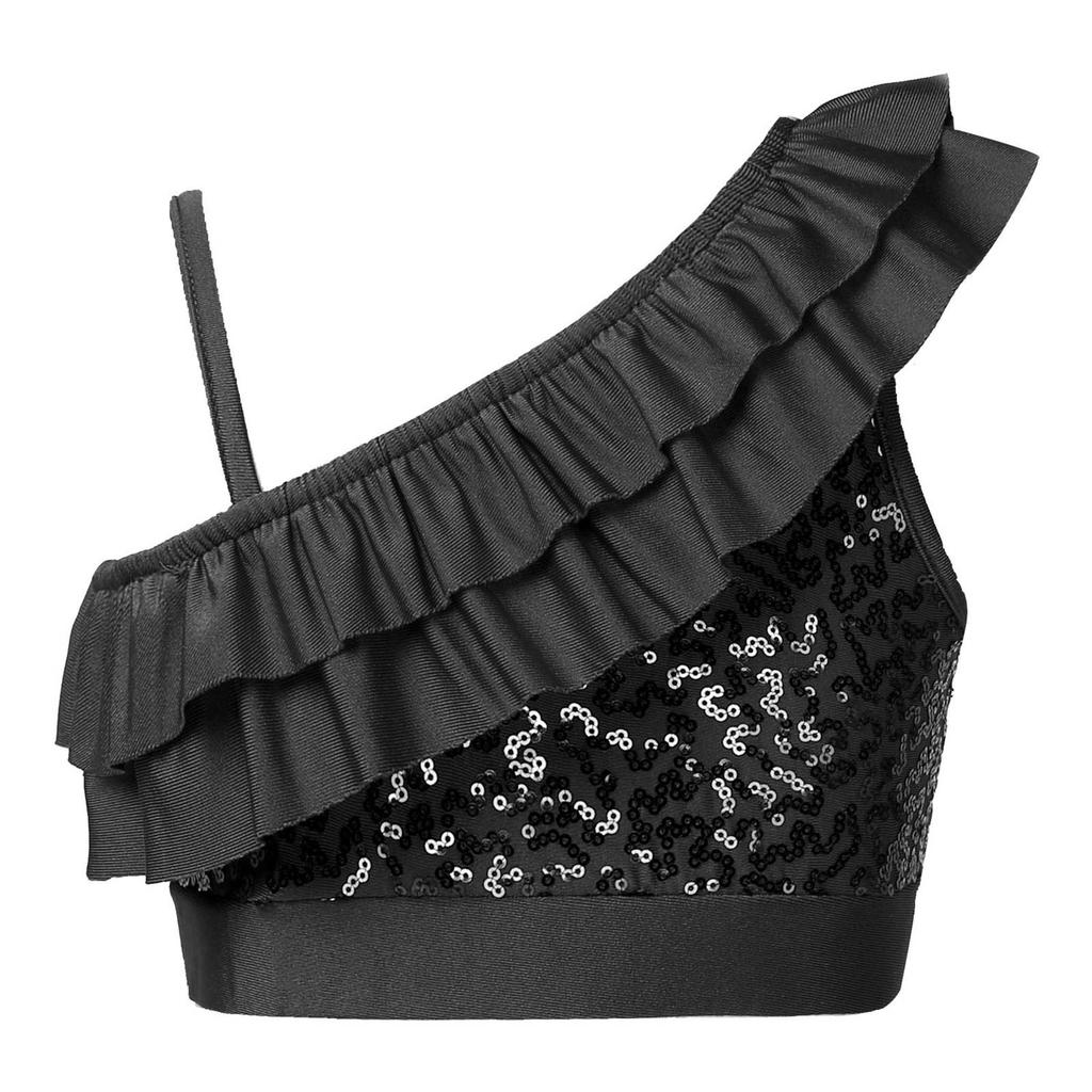 Girls Sequin Ruffle Detail Asymmetrical Straps Sleeveless Top Elastic Band Performance Crop Top