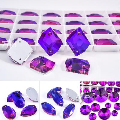 Purple Velvet Glass Flat Bottom Hand Seam Drill, Horse Eye Water Drop Satellite Special-Shaped Double Hole Flat Buckle Diy Decorative Jewelry