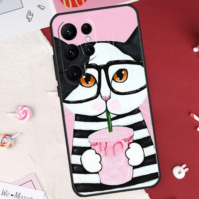 Cute Coffee Milk Cat Case For Samsung Galaxy S25 FE S23 FE S20 S21 S22 S24 S25 S26 Ultra S10 S25 Plus Cover Shell