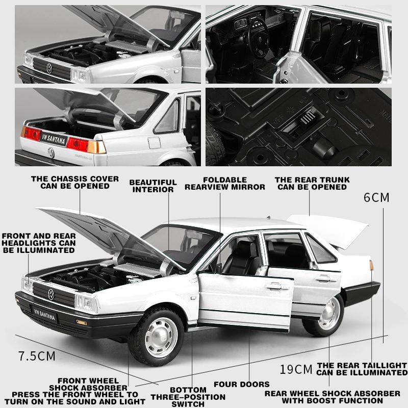 1/24 Scale Diecast Santana Alloy Classic Model Car Sound and Light Gift for Boyfriend Collection Hobbies Present with Kids