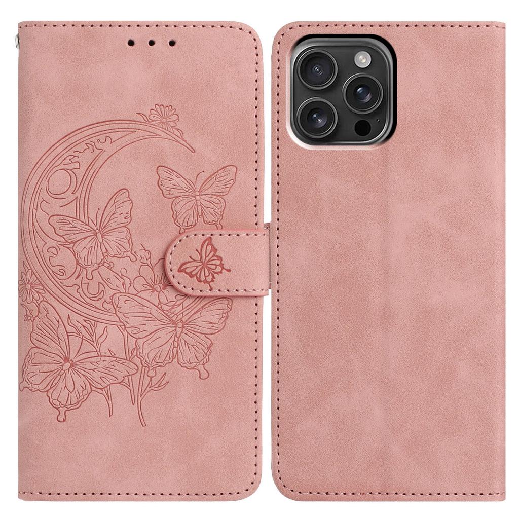 For iPhone 16 Pro Max Case Butterfly Flower Imprinted PU Leather Wallet Stand Phone Cover