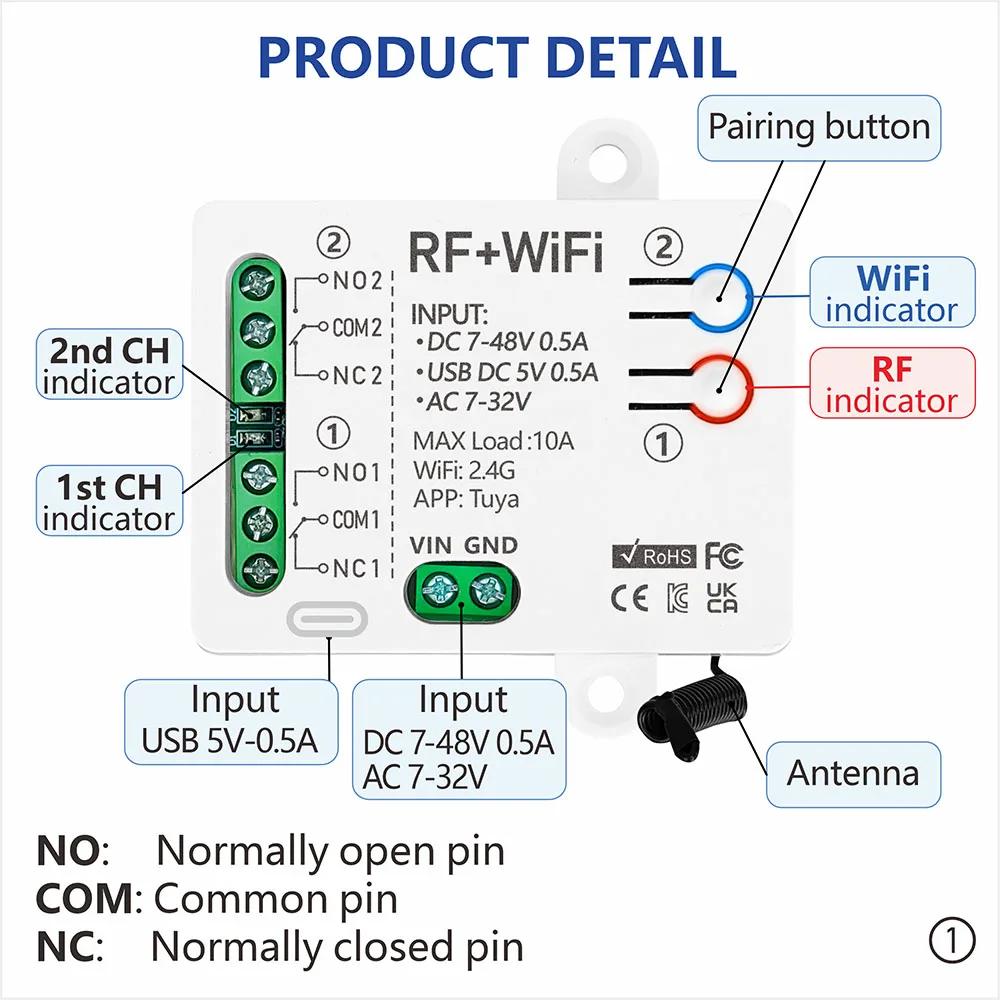 Tuya Wifi Smart Switch Module AC DC 7V 12V 24V 48V USB 5V RF 433mhz Remote Control 1/2 Channel Relay For Alexa Google Home