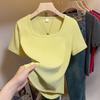 Plus Size French Style Square Neck Women's T-shirt - Tummy Concealing, Slimming Summer Short Sleeve Top