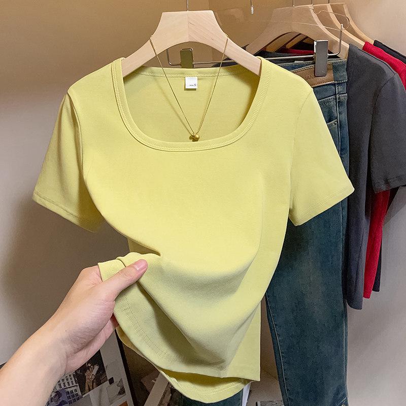 Plus Size French Style Square Neck Women's T-shirt - Tummy Concealing, Slimming Summer Short Sleeve Top