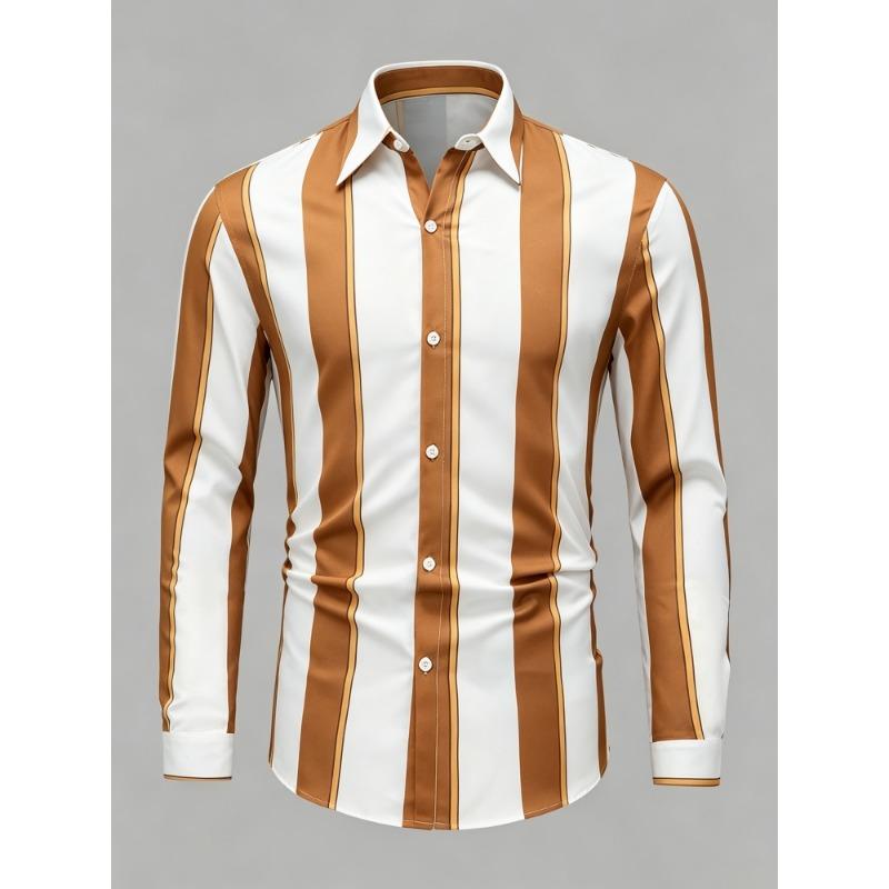 Men's Olive Green Vertical Striped Long Sleeved Shirt with Collar, European and American Business Daily Casual Versatile Top