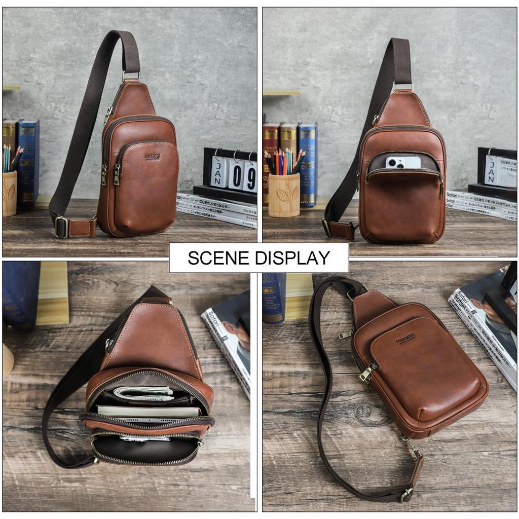 CONTACT'S  Genuine Leather Chest Bag Casual Crossbody Bag Travel Shoulder Backpack Men's Leather Multifunctional Bag