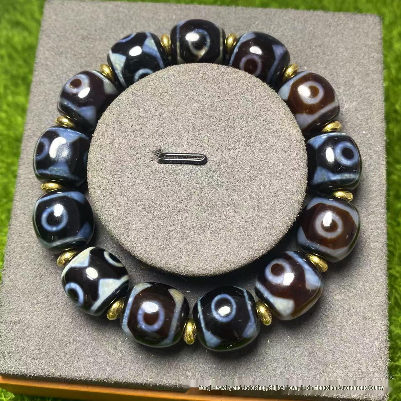 Infiltrated Three-Eyed Agate Dzi Bead Bracelet, Unisex Daluo Style -