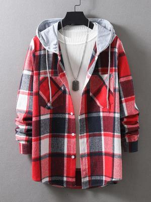 Spring and Autumn Men's Casual Long Sleeve Plaid Hooded Shirt Men's Trend Fashion Loose Shirt Jacket