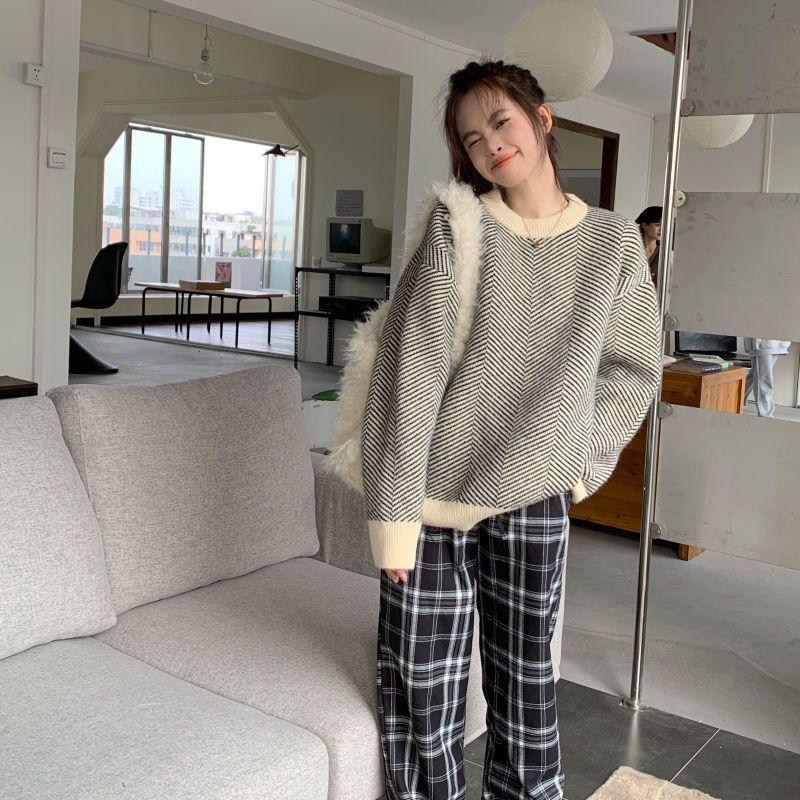 Damen Streifenpullover Herbst und Winter Neues Designgefühl Lockerer und lässiger Stil Strickpullover