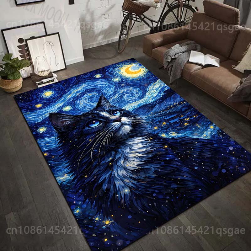 1PC Van Gogh-style cat night sky Pattern Rug Carpets for Bedroom Living Room Sofa Mat Creative Door Mat Cloakroom Home Decor