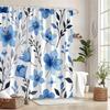 1Pc Blue-Grey Botanical Patterned Shower Curtain, Polyester Fabric, Machine Washable, Suitable For Bathroom Dcor.