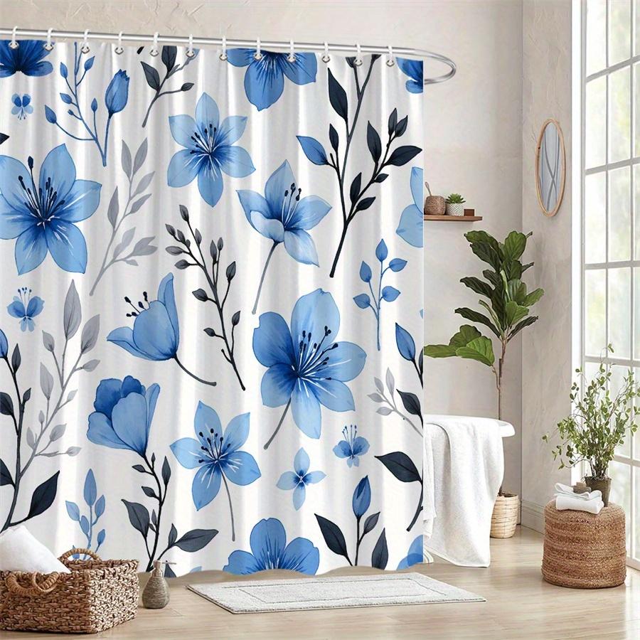 1Pc Blue-Grey Botanical Patterned Shower Curtain, Polyester Fabric, Machine Washable, Suitable For Bathroom Dcor.