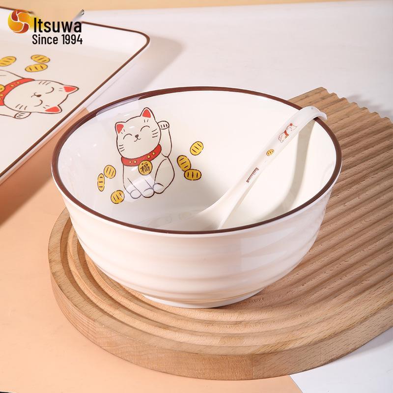 Five Harmony A5 Melamine Food-Grade Tableware: Lucky Cat Drop-Resistant, Easy-Clean Bowls, Plates, and Dishes for Home Use