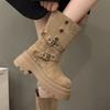 Women's Thick Heel Mid-Calf Boots for Autumn Height Increasing and Slimming Retro Women's Boots Fashion Belt Buckle Cowboy Boots