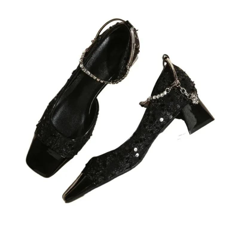 Mode Argent Mode Chaîne Cheville Boucle Talons Hauts pour Femmes Élégants Escarpins à Bout Carré Dames Paillettes Talon Carré Chaussures de Fête Robe Femmes