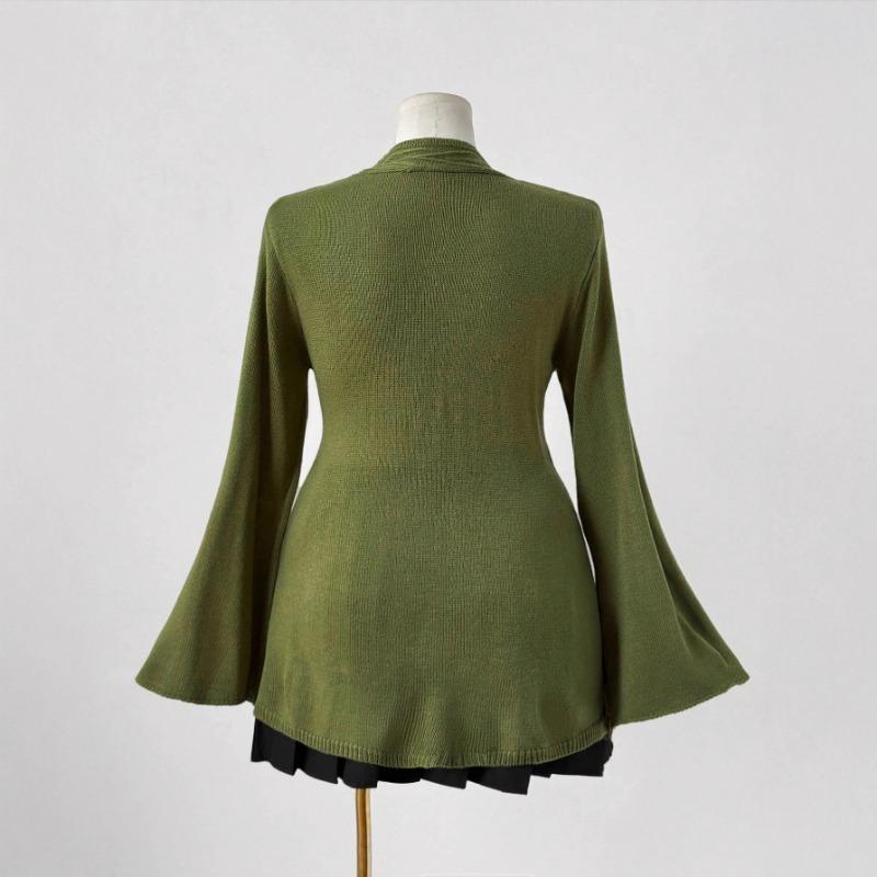 A New Knitted Sweater with Deep V, Slimming and Form-fitting Flared Sleeves and Button Cardigan