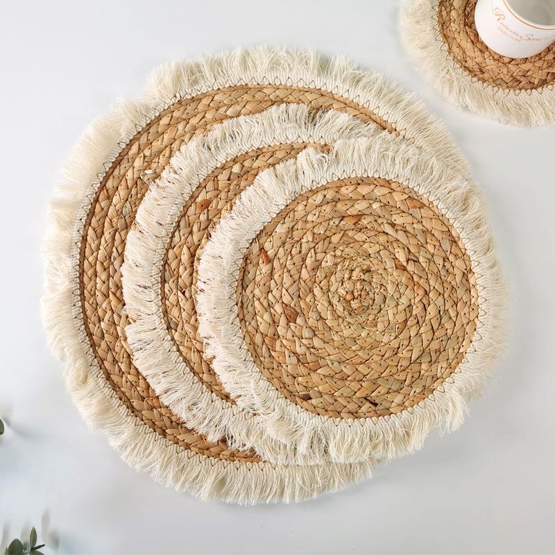 1PC Round straw placemat water hyacinth woven Western restaurant table mat with thickened insulated fringe edge coasters