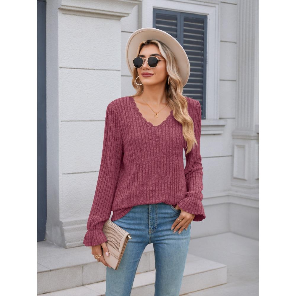 Women's Ribbed Knit V Neck Long Sleeve Sweater Casual Lace Trim Pullover Blouse Top