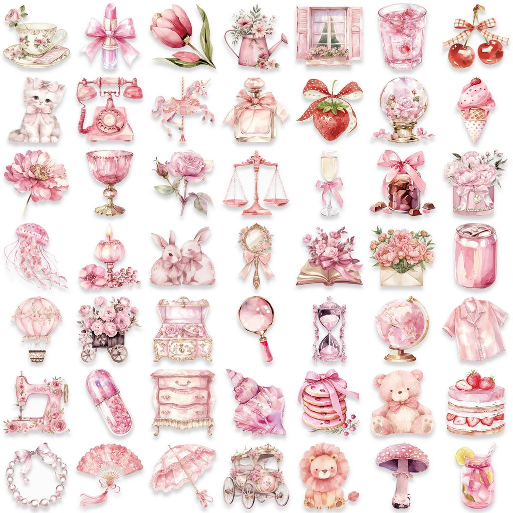50 Pink Fairy Tale Stickers Pack Waterproof Transparent PET Hand Account Girl Material Decorative Guitar Notebook