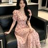 Temperament sweet bubble sleeve V-neck floral dress women's summer long dress high waist mother dress slim A-shaped dress