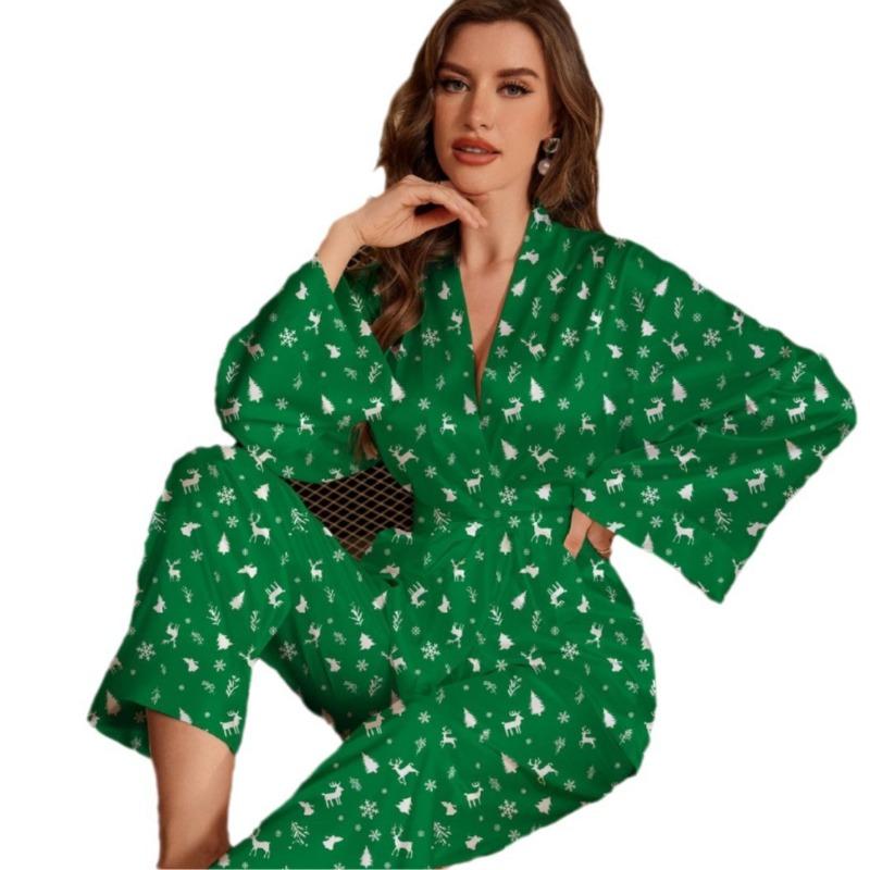 Ladies Plus Size Christmas Tree Print Long Sleeve Trousers Pajamas Set