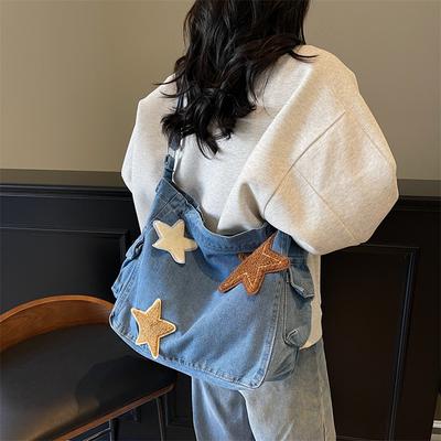 Retro Denim Messenger Bag New Japanese Shoulder Bag Casual Star High Value Commuter Tote Bag