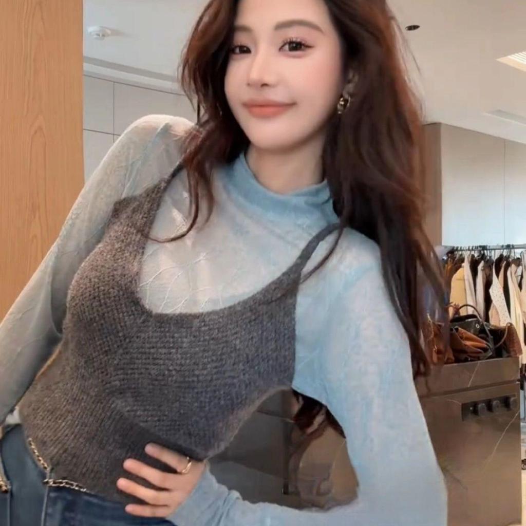 Women's French Retro Sheer Slim Fit Turtleneck Shirt - Spring/Autumn Layering Top