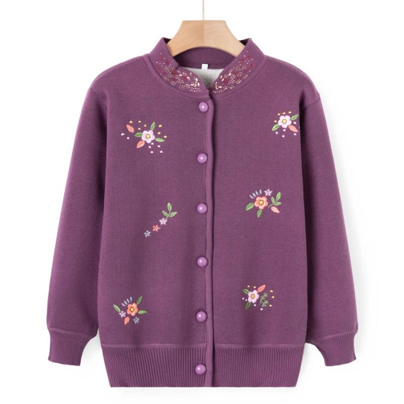 

Бабушкина осенняя плюшевая куртка-свитер для среднего и пожилого возраста, вязаный свитер, вышитый топ, одежда для мамы 0 лет, осенняя одежда, толстая 4XL (recommended 130-72.5 kg) фиолетовый