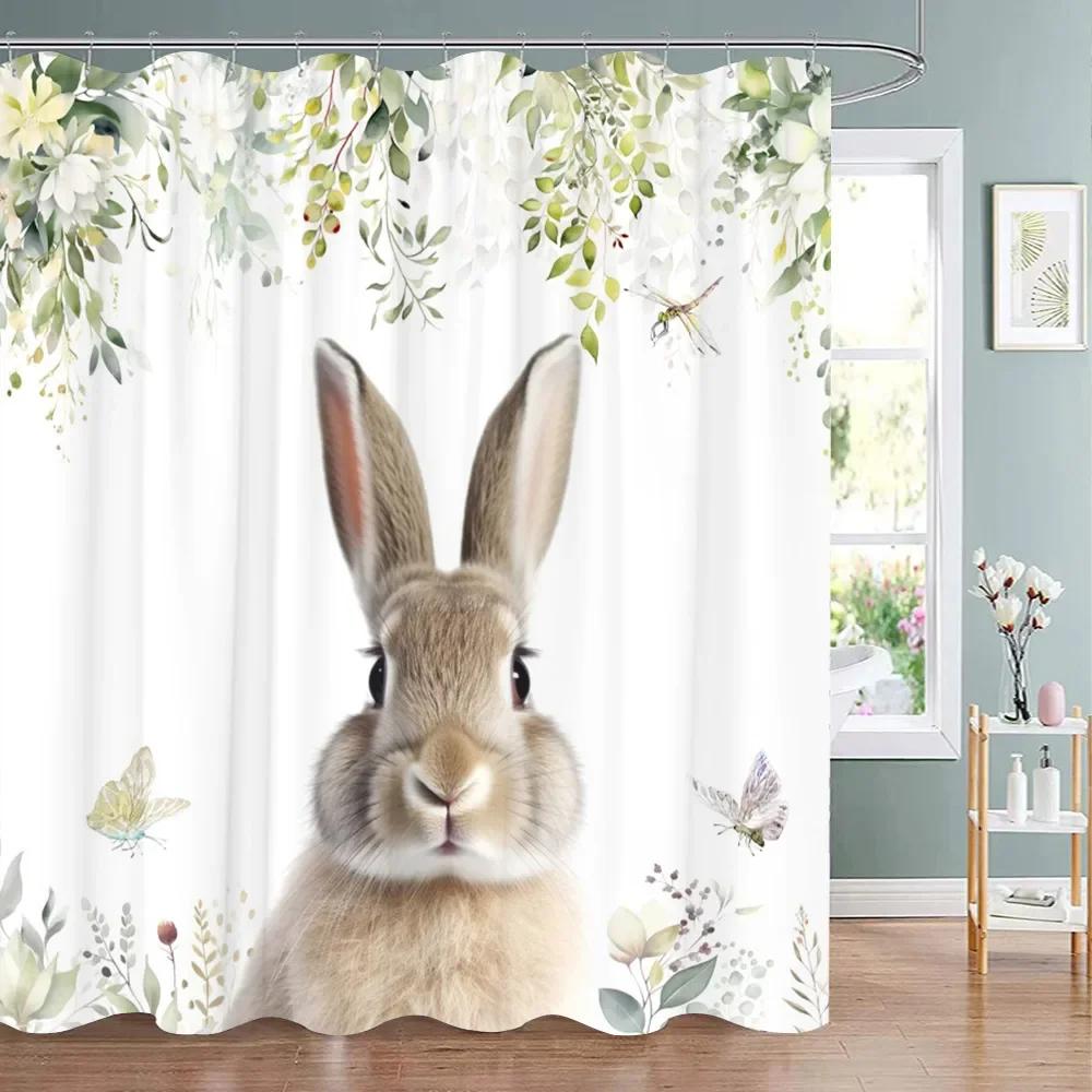 Easter Shower Curtain Cute Cartoon Bunny Watercolour Style Washable Polyester Fabric Shower Curtains Bathroom Decor With Hooks