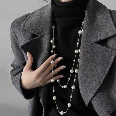 Elegantný dvojvrstvový náhrdelník so svetrom zo simulovaných perál pre ženy Dámske Collares Náhrdelník s dlhou retiazkou
