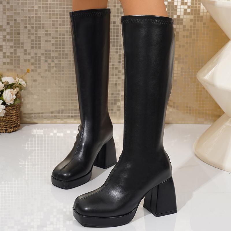 Fashion Autumn Knee-Free Boots Women's Square Toe Block Heel High Heel Platform Anti-Slip Wear-Resistant Tall Skinny Boots