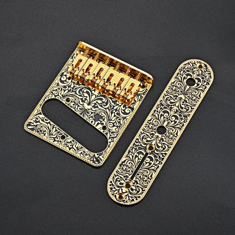Vintage Carved Pattern Guitar Roller 6-Saddle Bridge and 3-Way Switch Control Plate Set for 6 String Electric Guitars