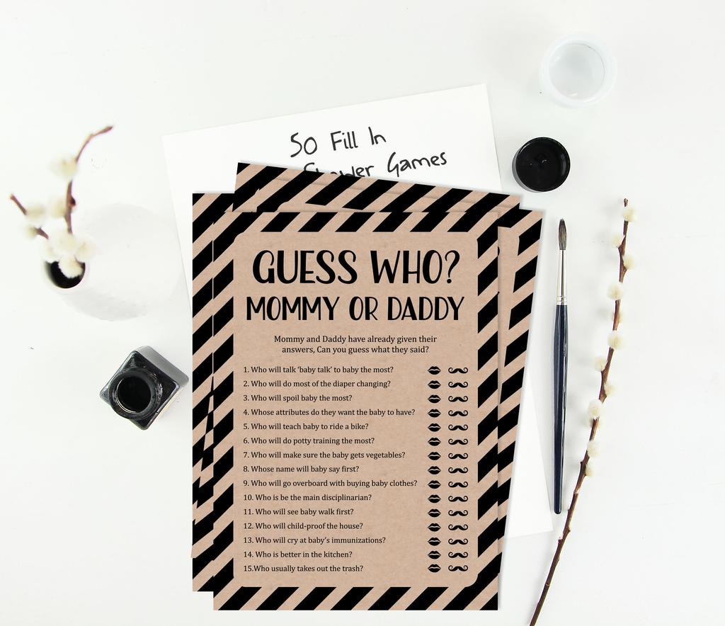 Inkdotpot Who Said it Game Mommy Or Daddy 50 Sheet Fun Baby Shower Game Its A Boy Its A Girl Stripe Gender Reveal Rustic Kraft Party Supply