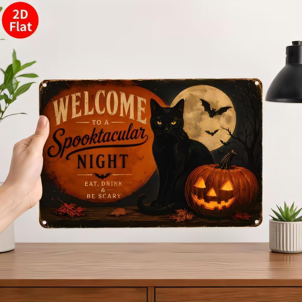 Tin Sign Welcome To A Spooktacular Night Halloween Black Cat Pumpkin Wall Decor Metal Plaque for Living Room Bedroom Bar Garage