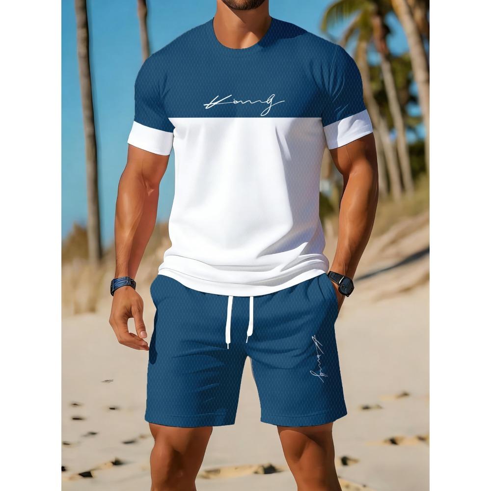 Sommeranzug 3D-Druck Herren Freizeit Kurzarmanzug Geeignet für Sportanzug Herren Rundhals Kurzarm Oberteil Und Shorts
