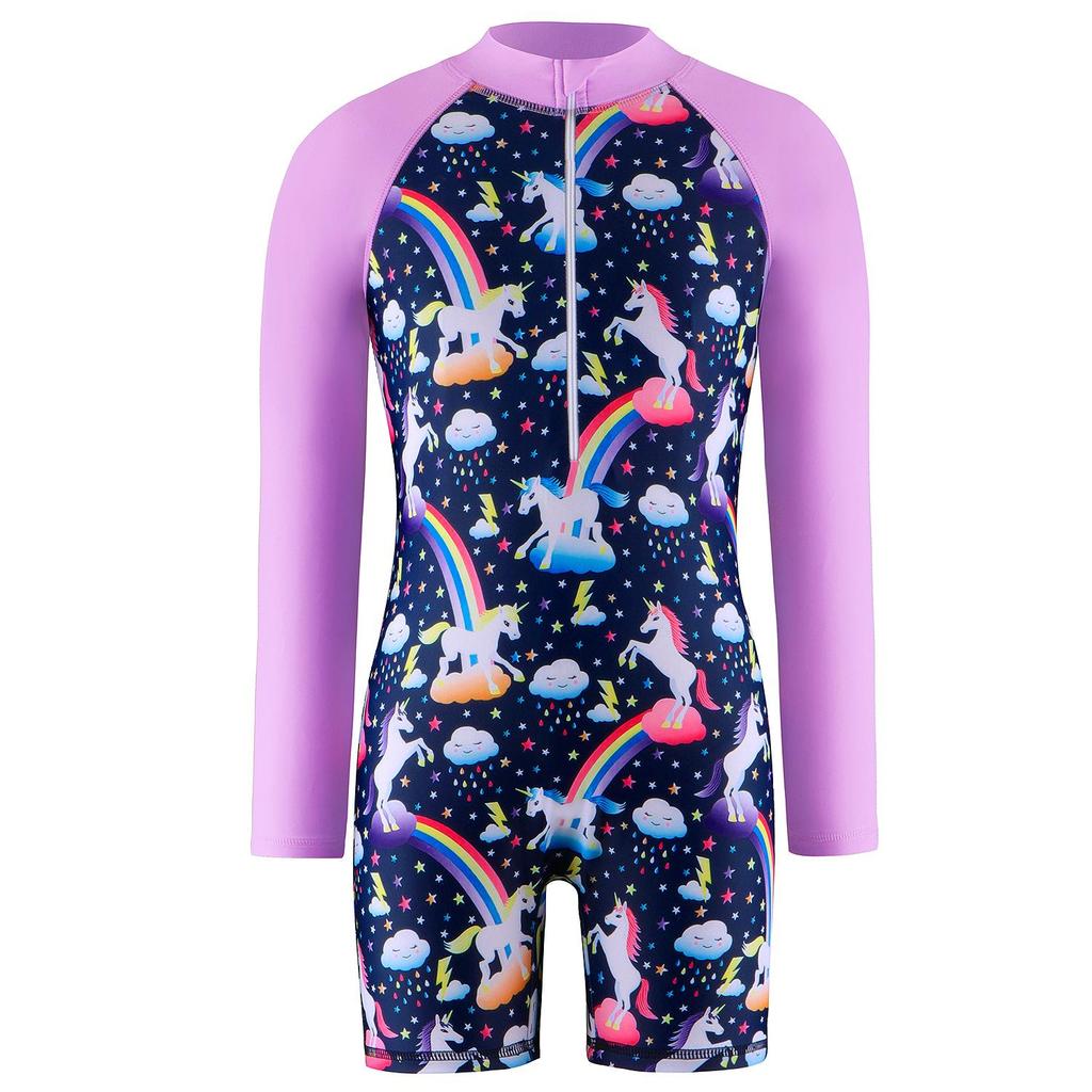 Dziewczęcy strój kąpielowy z długim rękawem z jednorożcem - Ochrona przed słońcem, szybkoschnąca odzież kąpielowa dla dzieci