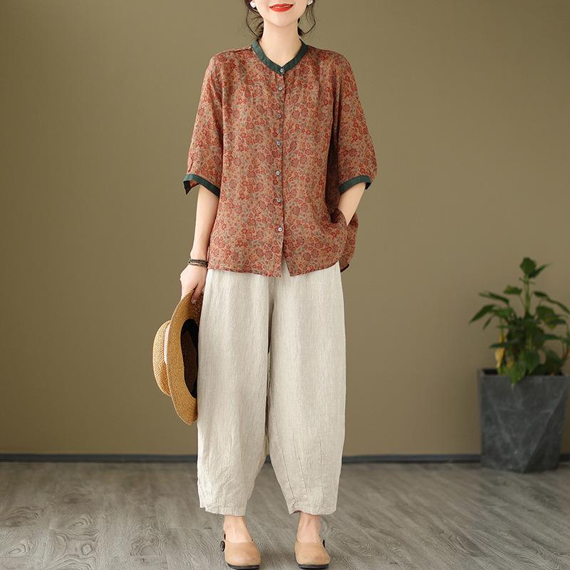 2026 Korean-Style Plus Size Slimming Retro Print Cotton-Linen Two-Piece Summer Set for Women