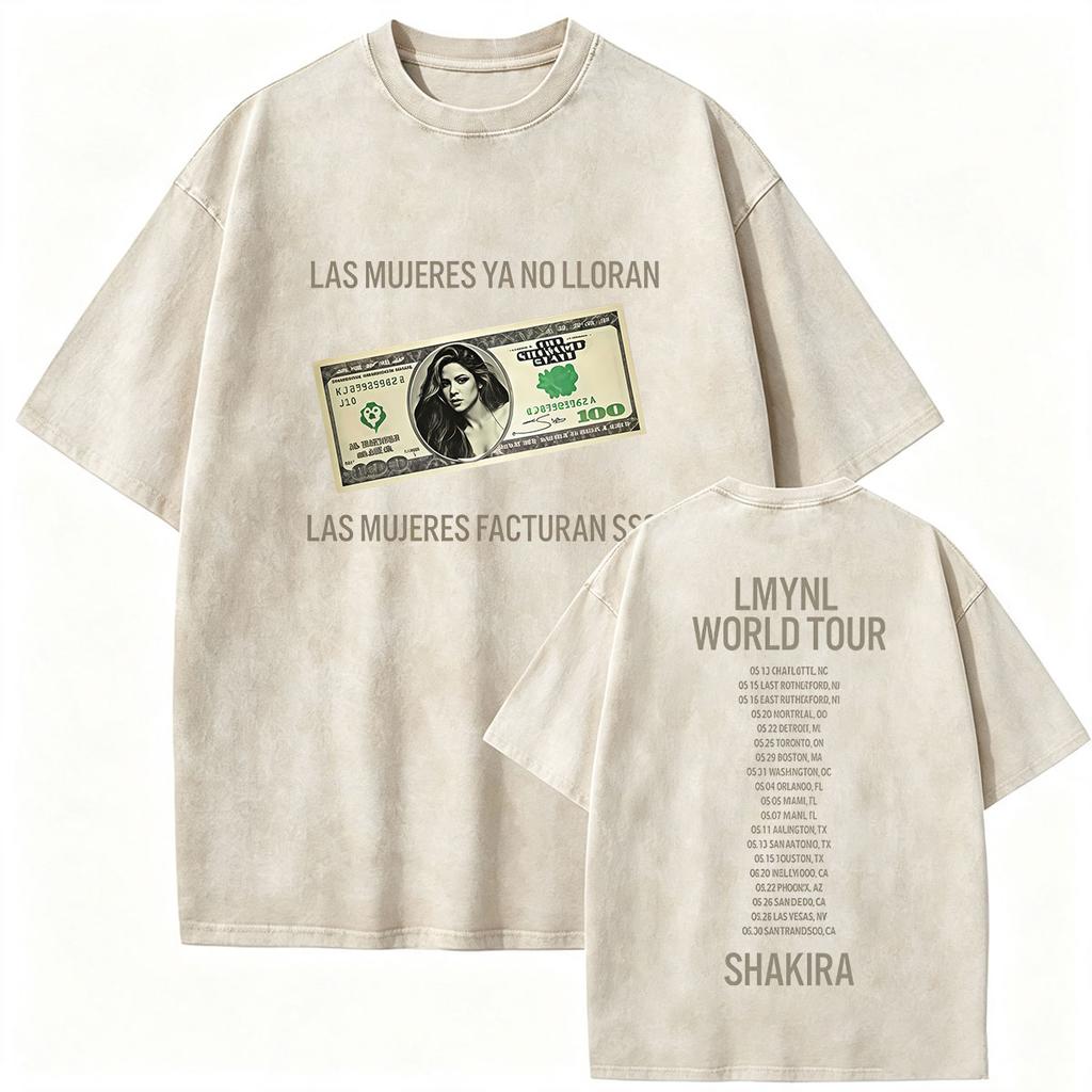 Retro Gewaschen Shakira LMYNL Welttournee 2026 T-Shirts Las Mujeres Ya No Lloran Doppelseitiger Druck T-Shirt Herren Damen Oversized T-Shirts
