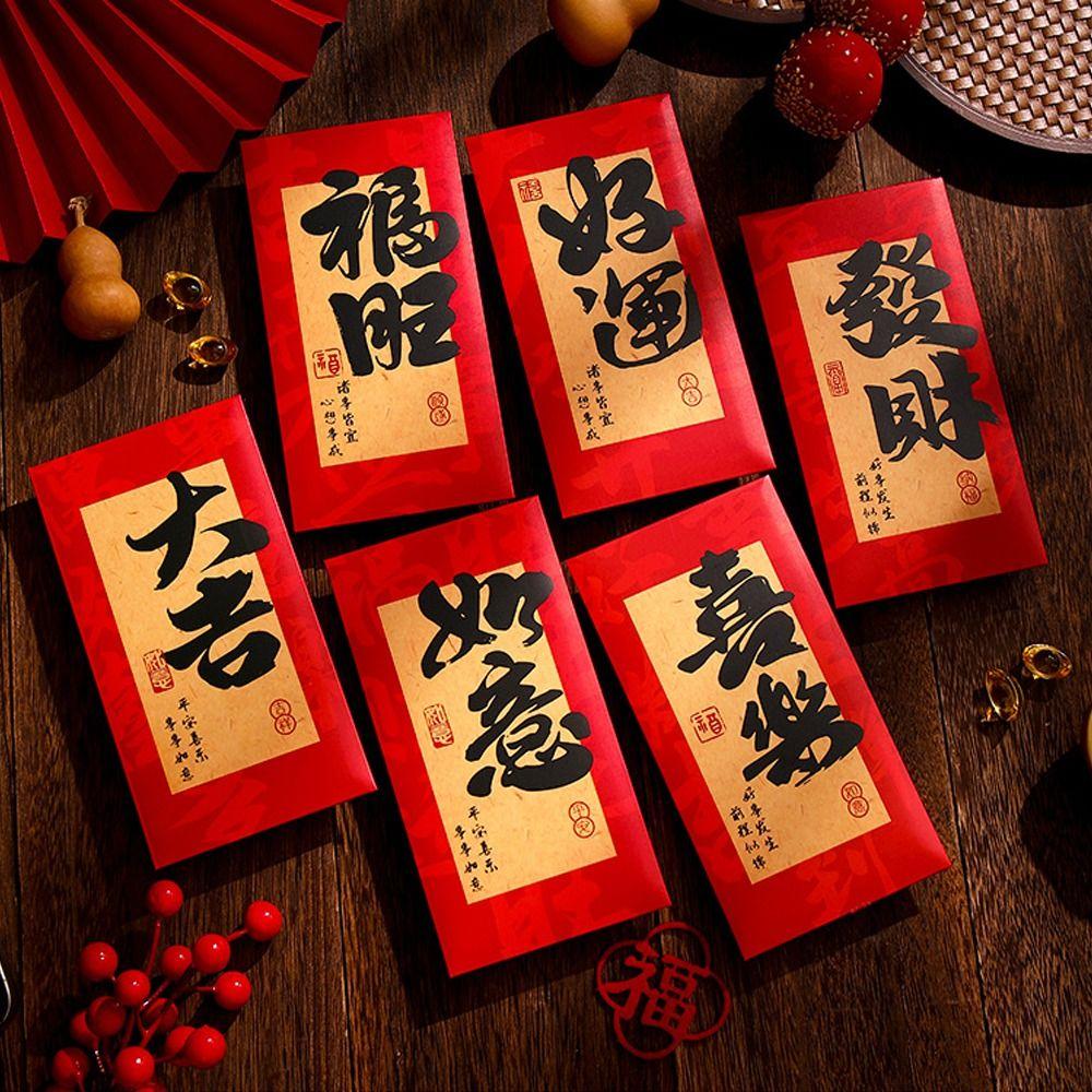 6pcs Chinese Style 2025 New Year Money Pocket Calligraphy Red Packets  Spring Festival Supplies