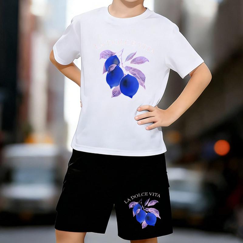

Boys 2 Piece Lemon Printed Outfit, Short Sleeve T-Shirt and Shorts Set for Kids Age 5-14,Black , White Sporty Casual Summer Clothes 13-14 Years білий