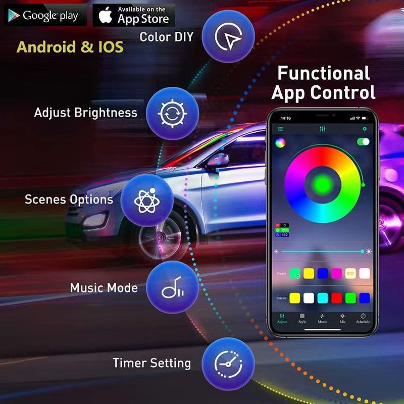 Car Interior LED Ambient Light with App Control – Seven-Color Cold Light for Mood and Decoration