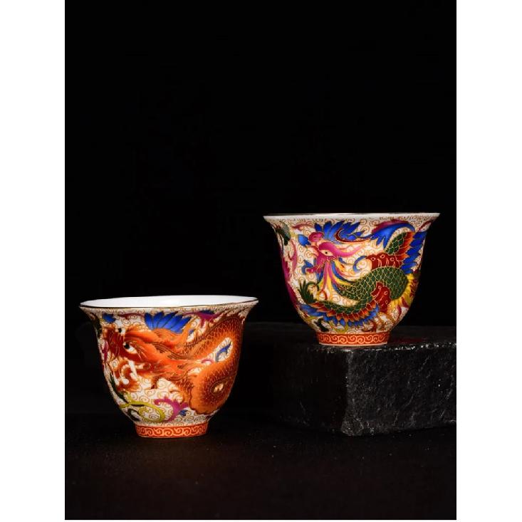 2pcs Chinese Handmade Porcelain Tea Cup Household Dragon and Phoenix Pattern Teacup Ceramic Master Cup Personal Tea Bowl Teaware