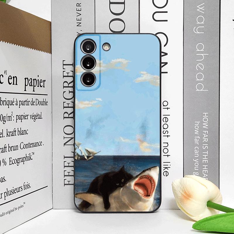 Funny Abstract Shark Black Cat Phone Case for Samsung Galaxy S24+ S25 S23 Ultra S22 Plus S21FE M53 M34 M55 5G Frosted Soft Cover