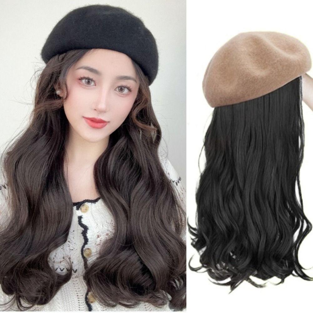 

Painter Hat Autumn Winter Hat Wig Keep Warm Long Curly Hair Fashion Beret Wig Daily Use Black/Brown&Black