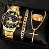 Men'S Business Watch Fake Three-Eye Calendar Roman Scale Quartz Watch Cross Necklace Bracelet Ring Set