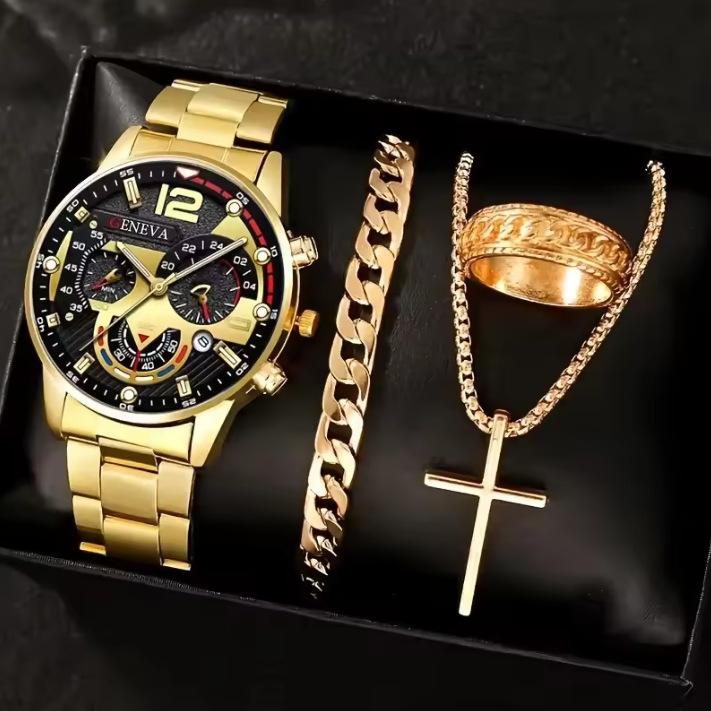 Men'S Business Watch Fake Three-Eye Calendar Roman Scale Quartz Watch Cross Necklace Bracelet Ring Set
